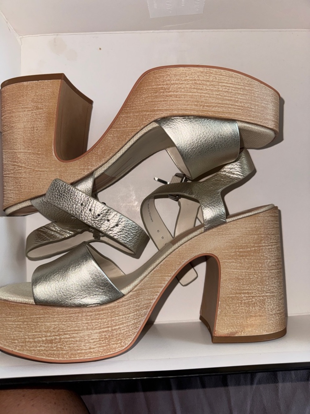 Dolce Vita Silver Metallic Platform Sandals with Wood-Effect Block Heel